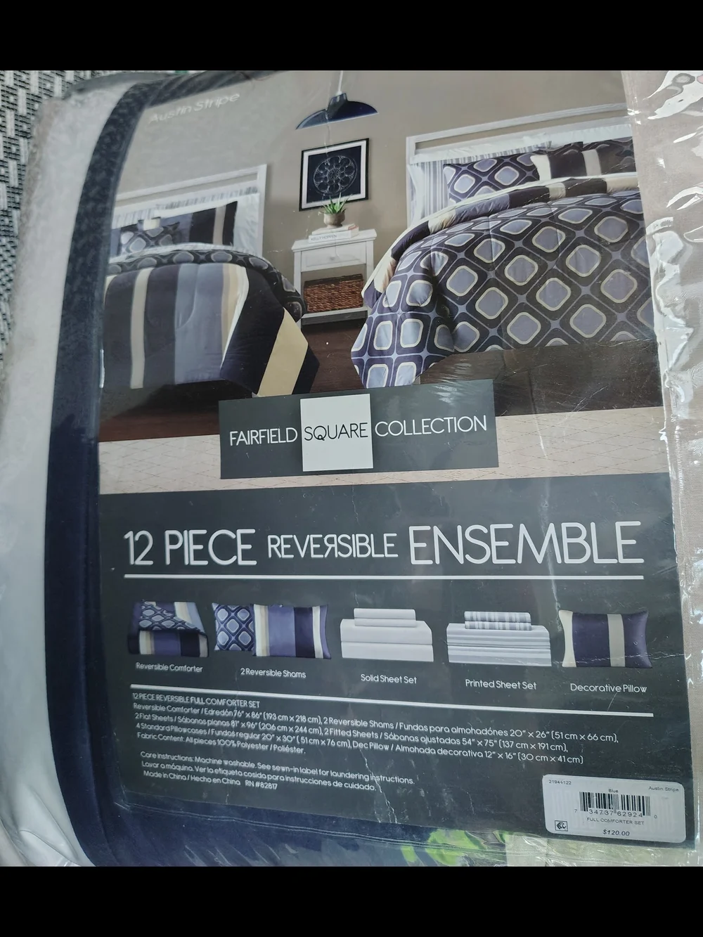 Brand New Full Size Reversible 12-Piece Bedding Ensemble - Blue/Grey